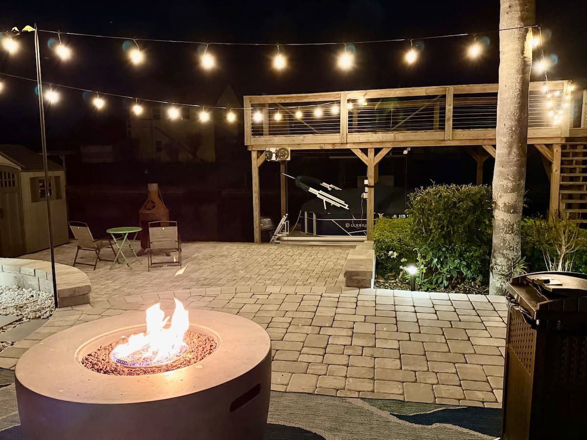 Fire pit on the patio at night